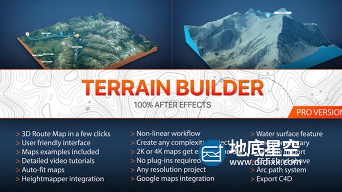 AE模板-三维地图地形地点标记旅行路径展示动画V2 Terrain Builder Pro