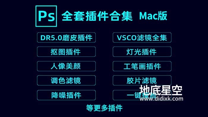 PS插件合集-Mac苹果版PS全套插件一键安装包合集包DR45磨皮降噪抠图调色等插件合集