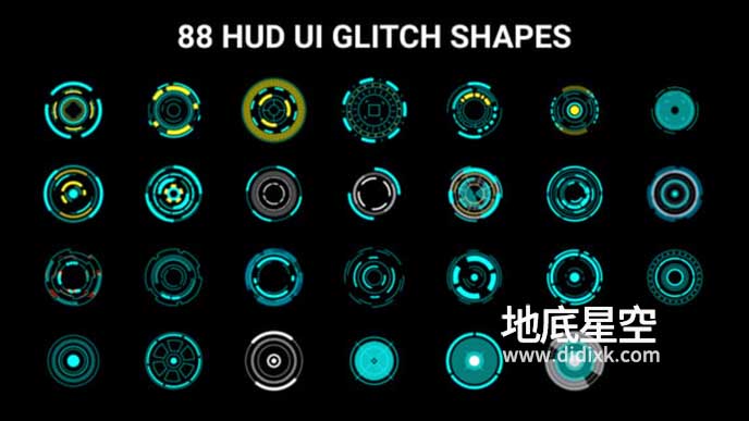 AE模板-88个科幻科技感数据信息UI界面图形动画 HUD UI Glitch Shapes